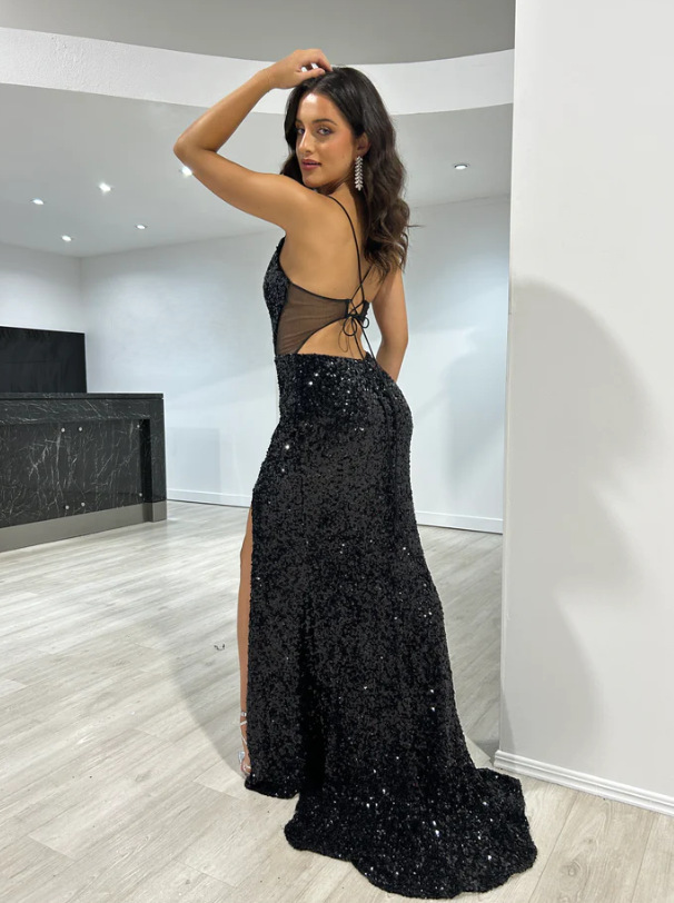 Vestido largo ajustado con lentejuelas estilo europeo y americano, con abertura sexy y tirantes finos, elegante vestido de fiesta con cintura entallada. image 6