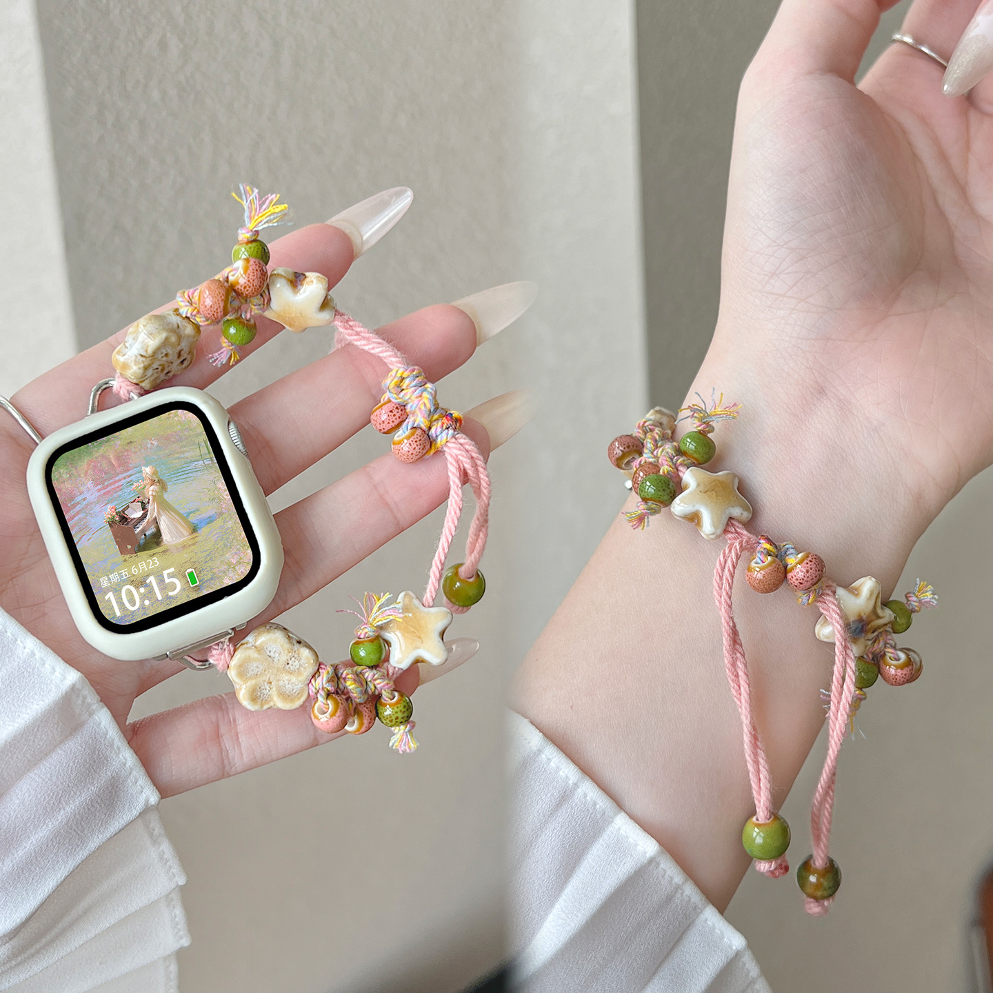 Suitable for Apple Watch Strap Iwatch10 New Ceramic Flower Beaded S9 Drawstring Wristband S8 Autumn Se Women's Model