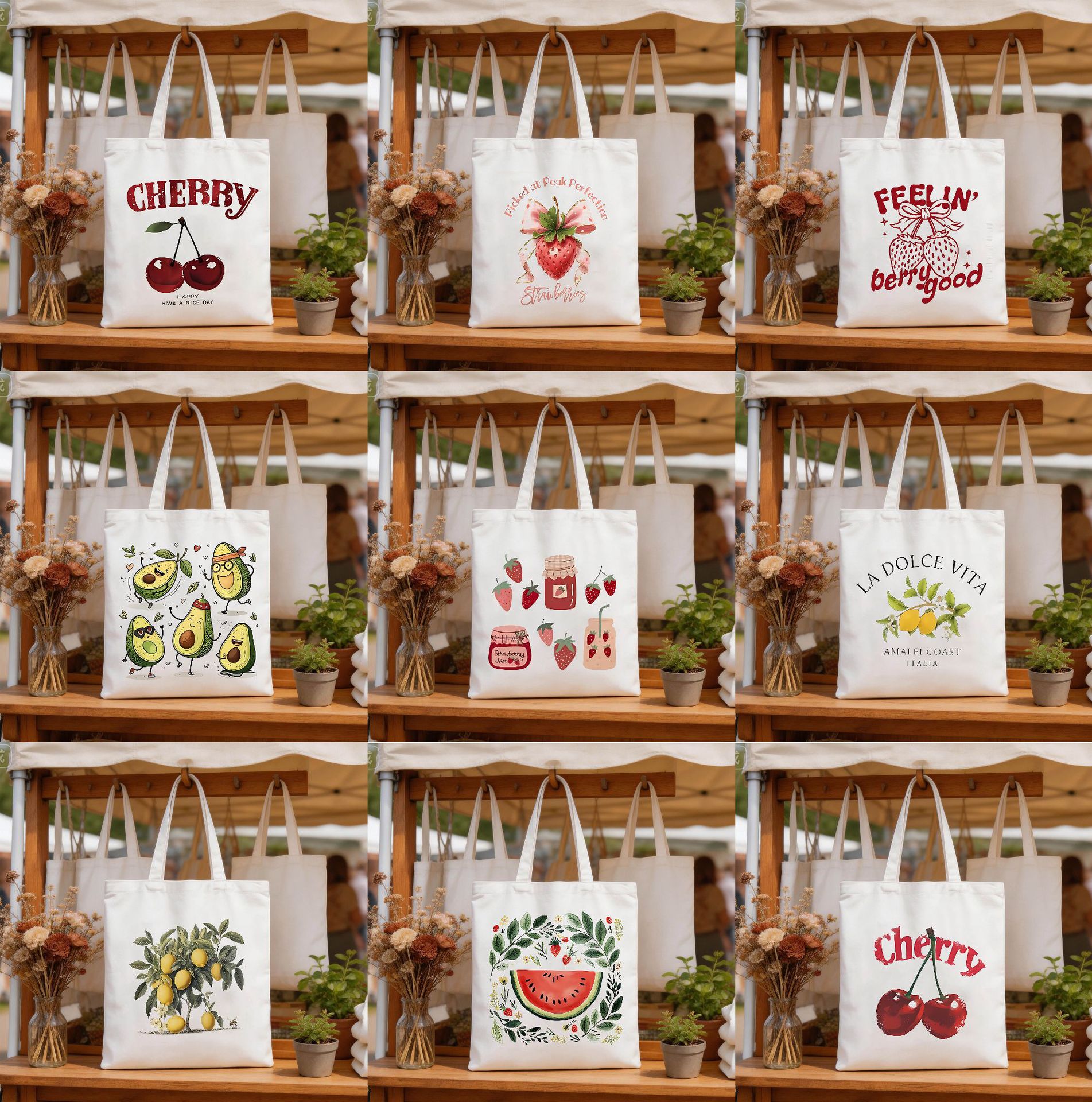 Serie de frutas de impresión de cereza bolsas de lona bolsas de hombro bolsas plegables bolsas de mano bolsas de compras Amazon explosión comercio exterior