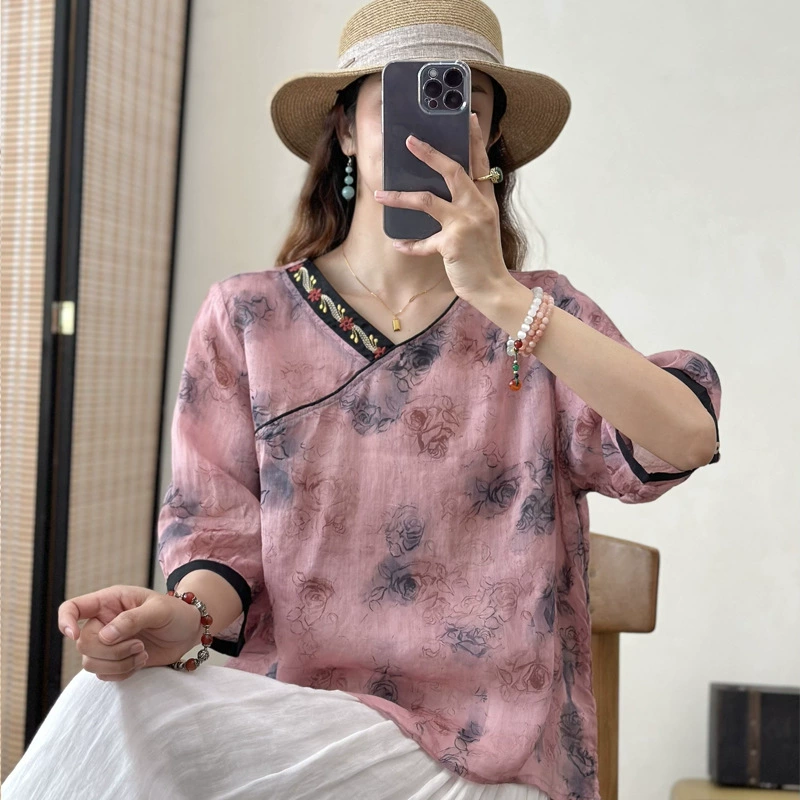 Высококачественная винтажная рубашка женская 2025 новая мама летняя цветочная рубашка