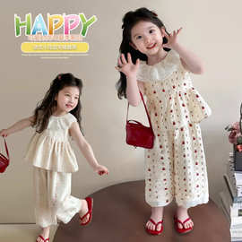 新款厂家女童夏季无袖套装蕾丝边裤子甜美上衣公主风背心裙娃娃领