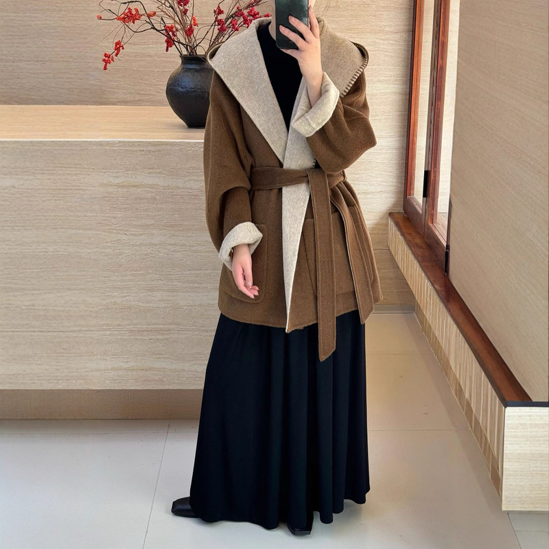 2025 Double-Sided Wool Korean Hooded Contrasting Color Double-Sided High-End Wool Autumn and Winter New Wool Outwear Jacket for Women