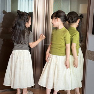 "Brand Yarn Linen Cotton" Summer Knitted Short-sleeved Clothes Girls Simple Round Neck Jacket 2025 New BTX