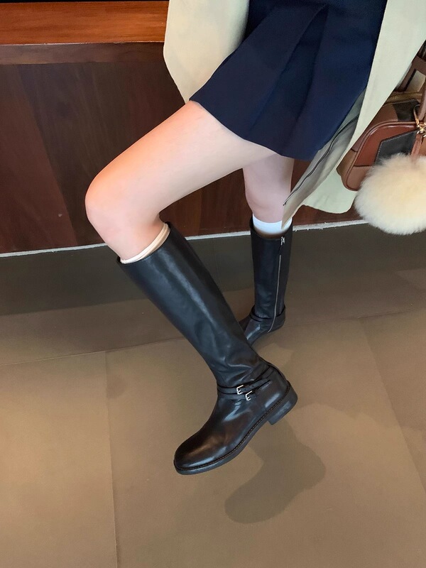 牛皮~葡萄妈同款复古长筒靴女双扣带不过膝靴子侧拉链粗跟骑士靴|undefined
