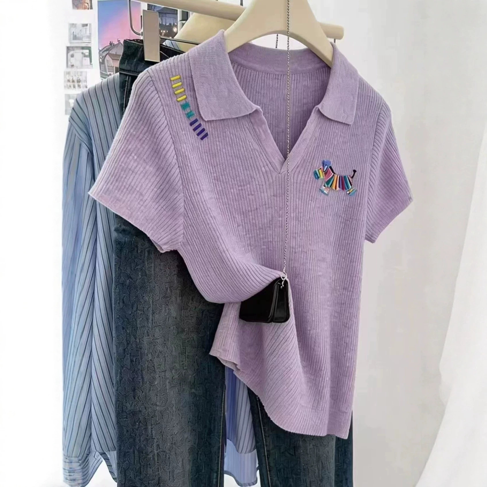Áo thun cổ Polo nữ tay ngắn chất liệu cotton lạnh thêu hình ngựa nhỏ — màu tím chi tiết 1