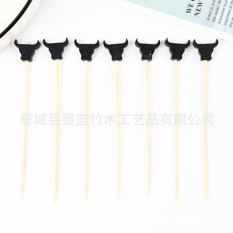 Jugador creativo de bambú negro de vaca horquilla de fruta decoración horquilla de fruta bandeja de bambú desechable suministro de fábrica de moda de etiqueta de vino