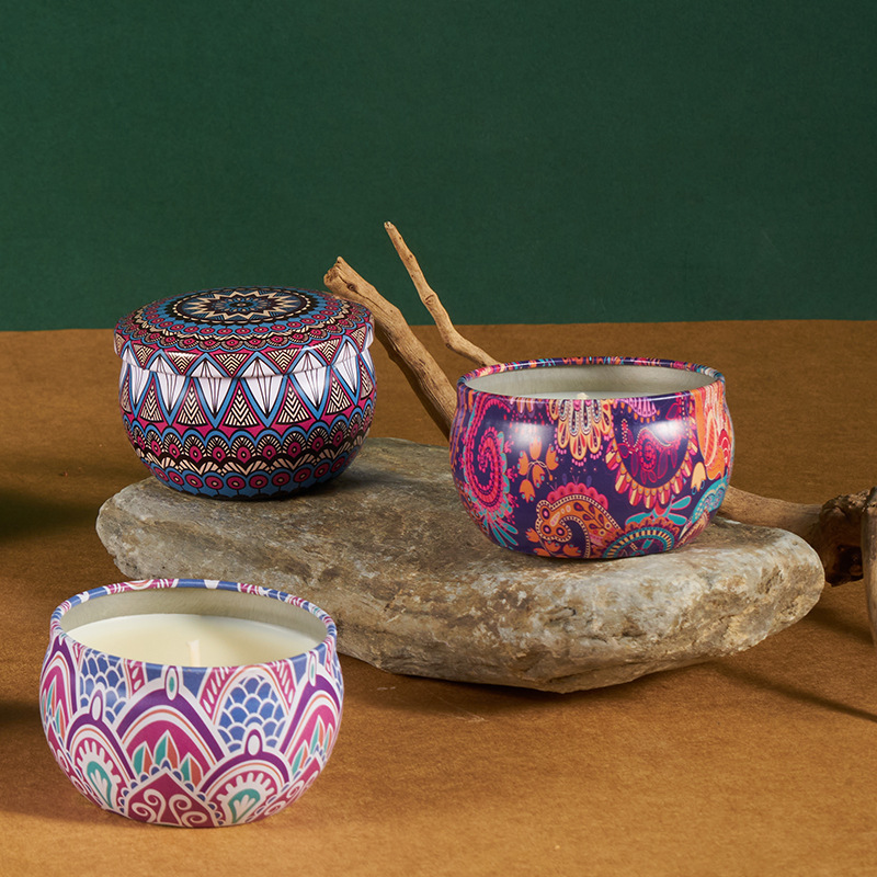 Venta al por mayor regalo de estilo étnico planta de soja cera aromaterapia vela decoración del hogar hojalata aromaterapia hierro puede vela