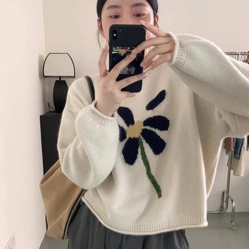 双股加厚宽松纯羊毛衫女式新款针织提花套头毛衣设计感慵懒文艺范|undefined
