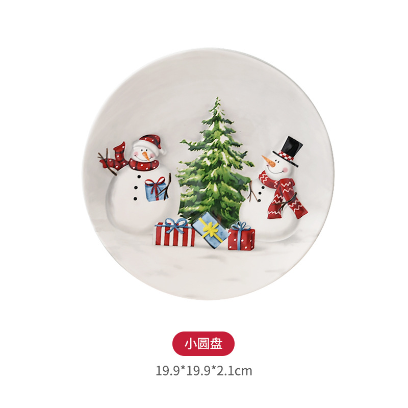 Nórdico país Navidad muñeco de nieve disco de cerámica estilo occidental plato oval postre placa hogar vajilla en relieve