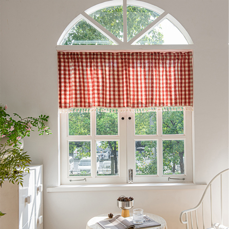 Foreign Trade Cross-border Finished Products Simple Plaid Jacquard Short Curtain Tassel Imitation Hemp Semi-shading Coffee Short Curtain Finished Cross-border