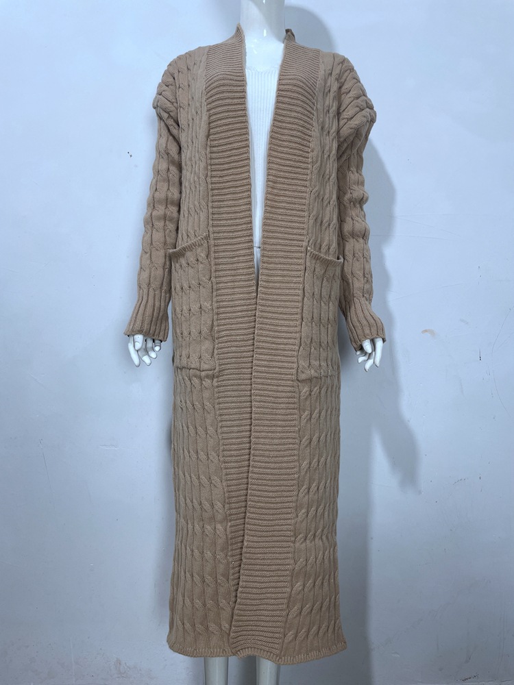 Damen-Strickjacke mit langen Ärmeln, einfarbig, langer Pullover, dicker Mantel_voghion.com