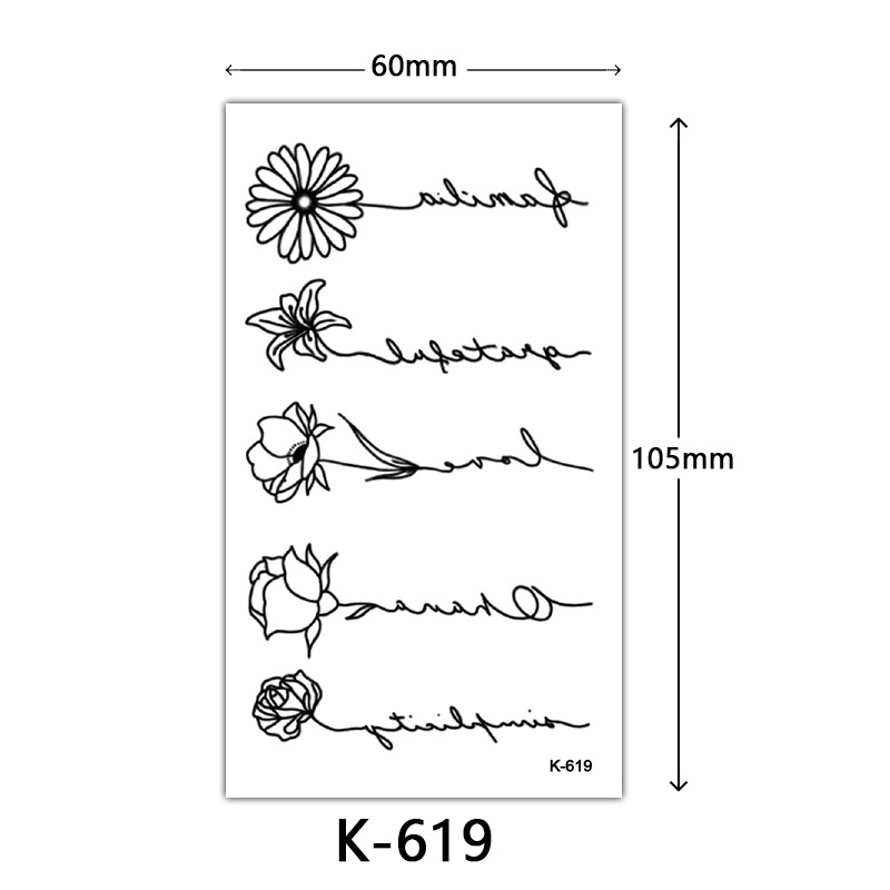 Pequeñas pegatinas de tatuaje frescas letras inglesas flores mariposas líneas de boceto pegatinas de tatuaje impermeables tatuaje