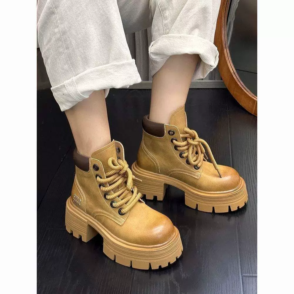 Женские ботинки Yuechen Martin, осень-зима 2025, новые, на толстой подошве, желтые, британский стиль, на флисовой подкладке, короткие, для маленьких размеров.