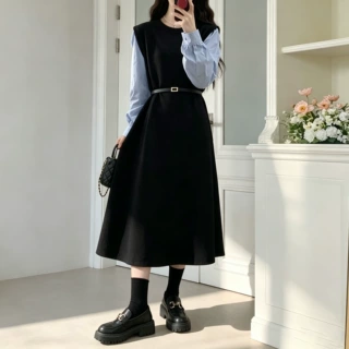 欧美跨境春秋季新款法式假两件氛围感穿搭配随机腰带长袖连衣裙
