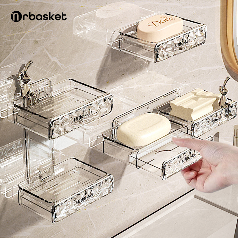 Caja de jabón sin perforadoras montado en la pared Hogar de alta gama baño drenaje Estante de jabón de pared caja de jabón de doble capa