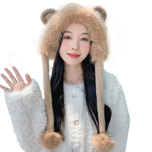 Cute little fox fur ears plush hat for women winter versatile ear protection Baotou thickened warm Baotou Lei Feng hat