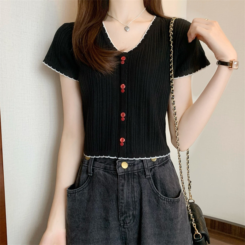韓国の純粋な欲望デザインの女性用半袖ニットTシャツ2025新しい夏スタイルのスリムフィットショートトップ|undefined