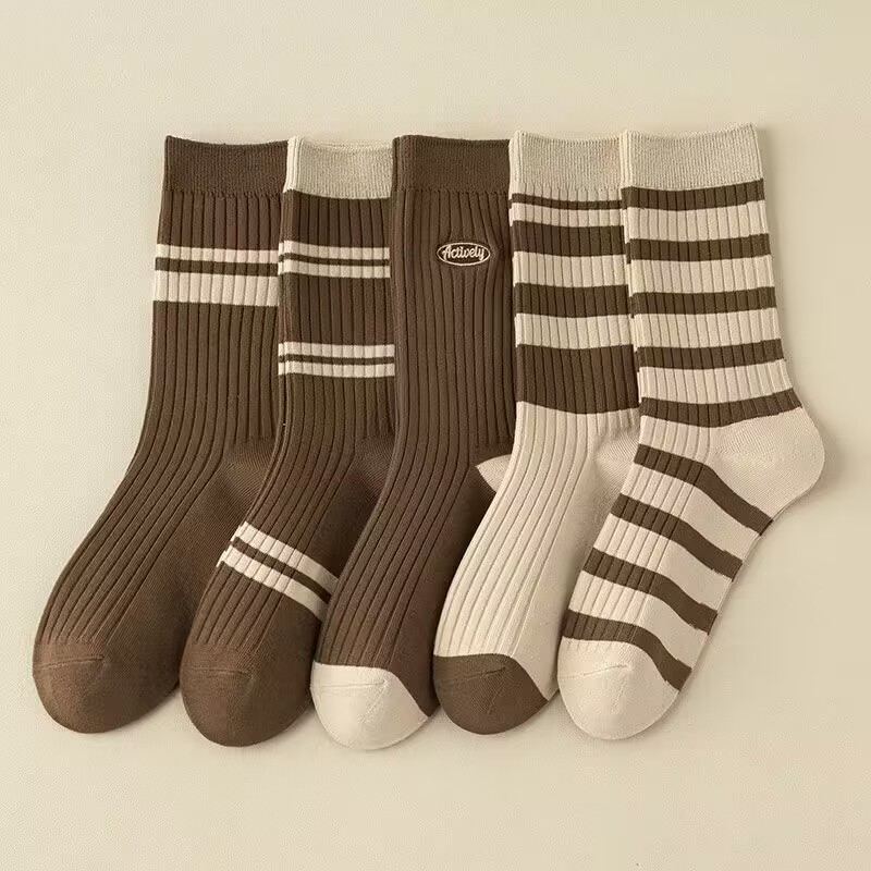 Women's Autumn/Winter Mid-Calf Socks | Maillard Trendy Long Socks | Retro Striped Design | Zhuji Internet-Famous Style | Pile-Up Socks for Ladies