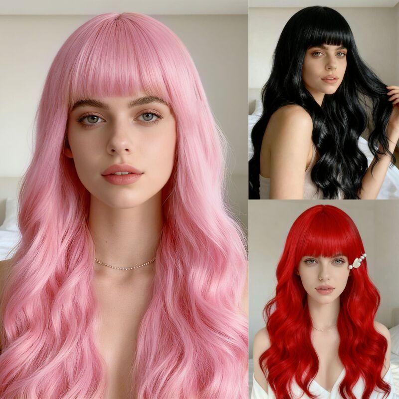 Aliexpress Wig for Women, Long Curly Hair with Air Bangs, Pink Big Waves, Full Wig Headgear, Wholesale from the Source Factory