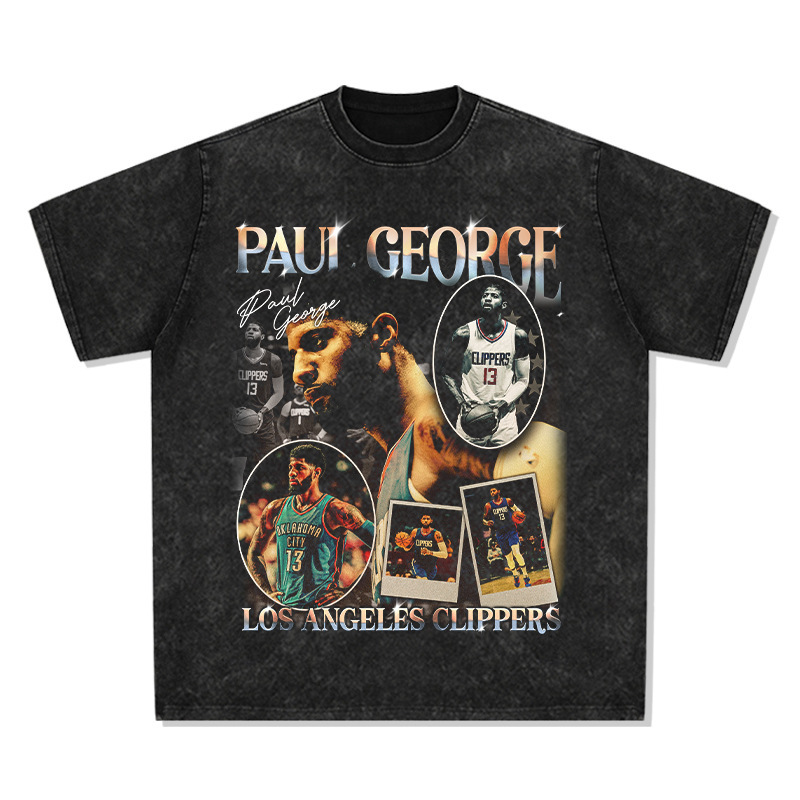 Paul George American Star camiseta hip-hop de la calle impresión retro hacer viejos lavado pesado cuello redondo mangas cortas
