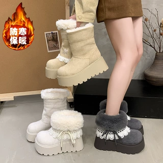 可翻折美式加绒加厚雪地靴女2025冬季新款中筒靴厚底堆堆靴雪地靴