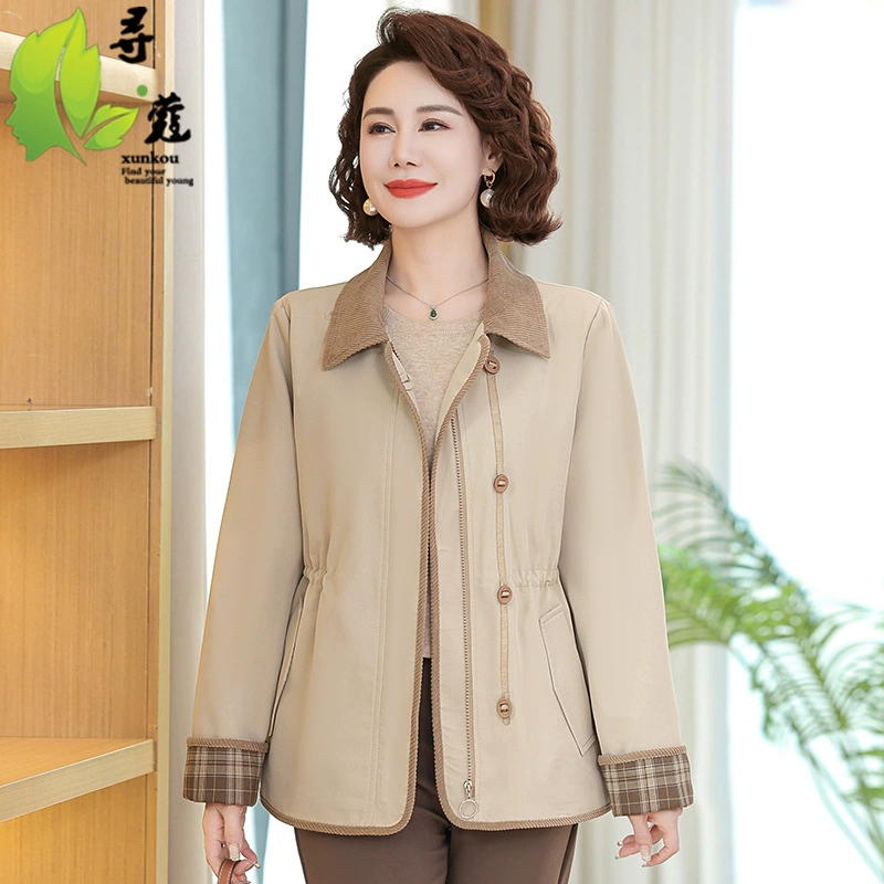 Женская куртка в стиле Mom's, больших размеров, повседневная, с отложным воротником, весеннее пальто для женщин среднего и старшего возраста, с завязками на талии, утягивающее, подходит для женщин 40-60 лет.