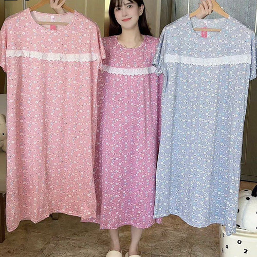 Nightgown loose women floral lace pocket sleep dress breathable cartoon print long dress high-end sleepwear
