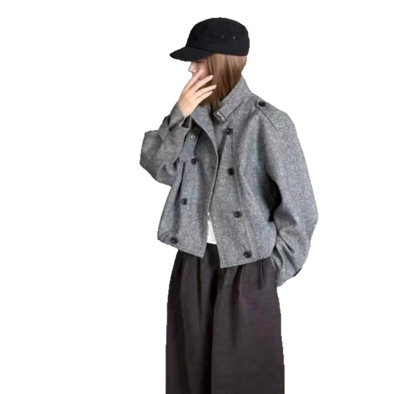 韩系毛呢外套女2025秋季新款高级感立领双排扣休闲宽松夹克上衣潮|undefined