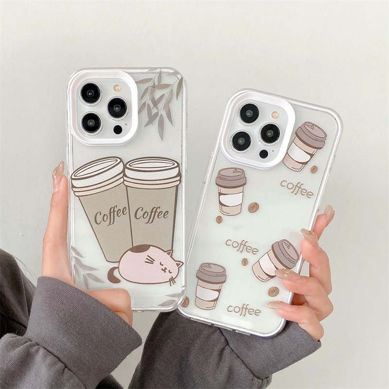 Mobile Phone Case for Apple 15pro iphone14pro Coffee Cat 13pro Transparent Three-in-One 12pro Trendy