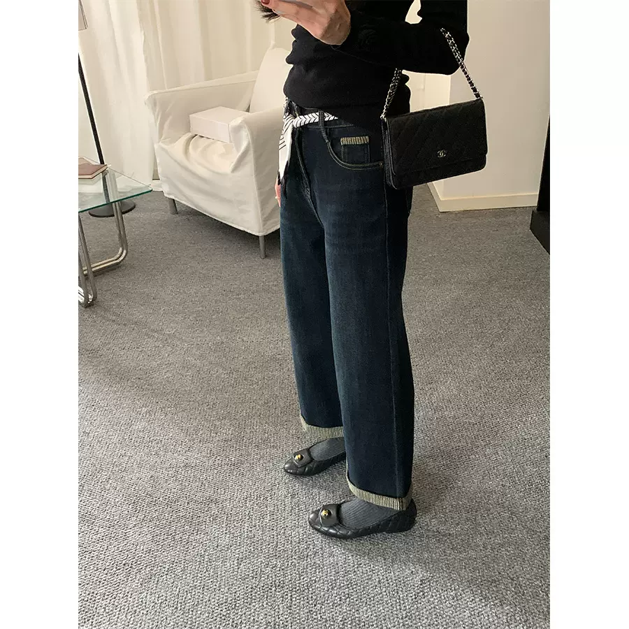 黄峥韩版高腰宽松复古直筒牛仔裤女秋冬加厚水洗阔腿奶奶裤541075