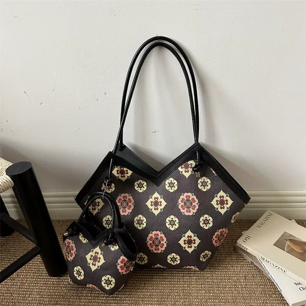 Single-shoulder underarm PU new model cross-border in-stock vintage floral fashion two-piece set large-capacity printed tote women's bag