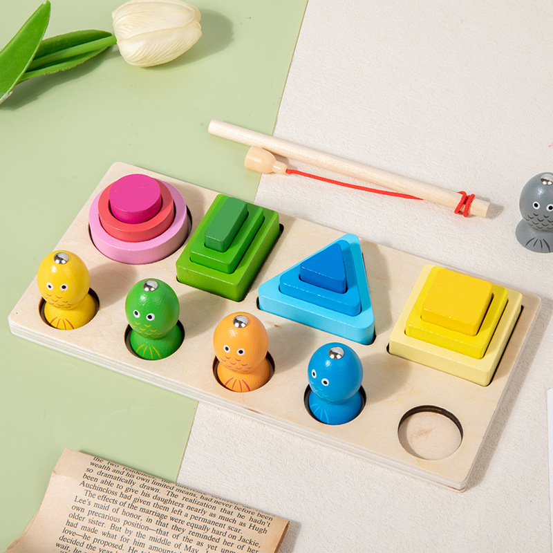 Forma geométrica de pesca magnética de madera a juego dos en uno conjunto de bloques de construcción de columnas coordinación mano-ojo juguetes educativos de educación temprana