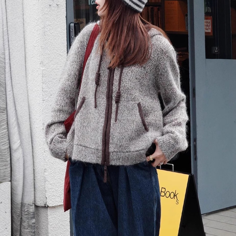 "Sketch Workshop" "Frosted Snow Top" mohair variegated gauze hooded knitted cardigan sweater jacket