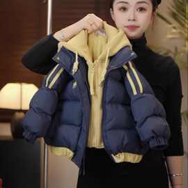 男童棉服中大童假两件针织连帽3-12岁小孩子外穿绒保暖帅气棉服潮