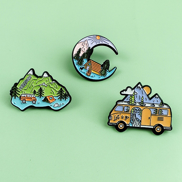 Broche de aleación de paisaje de dibujos animados, estilo ins, ropa, bolsos, accesorios, alfileres, elementos de la naturaleza, ilustración, insignia transfronteriza
