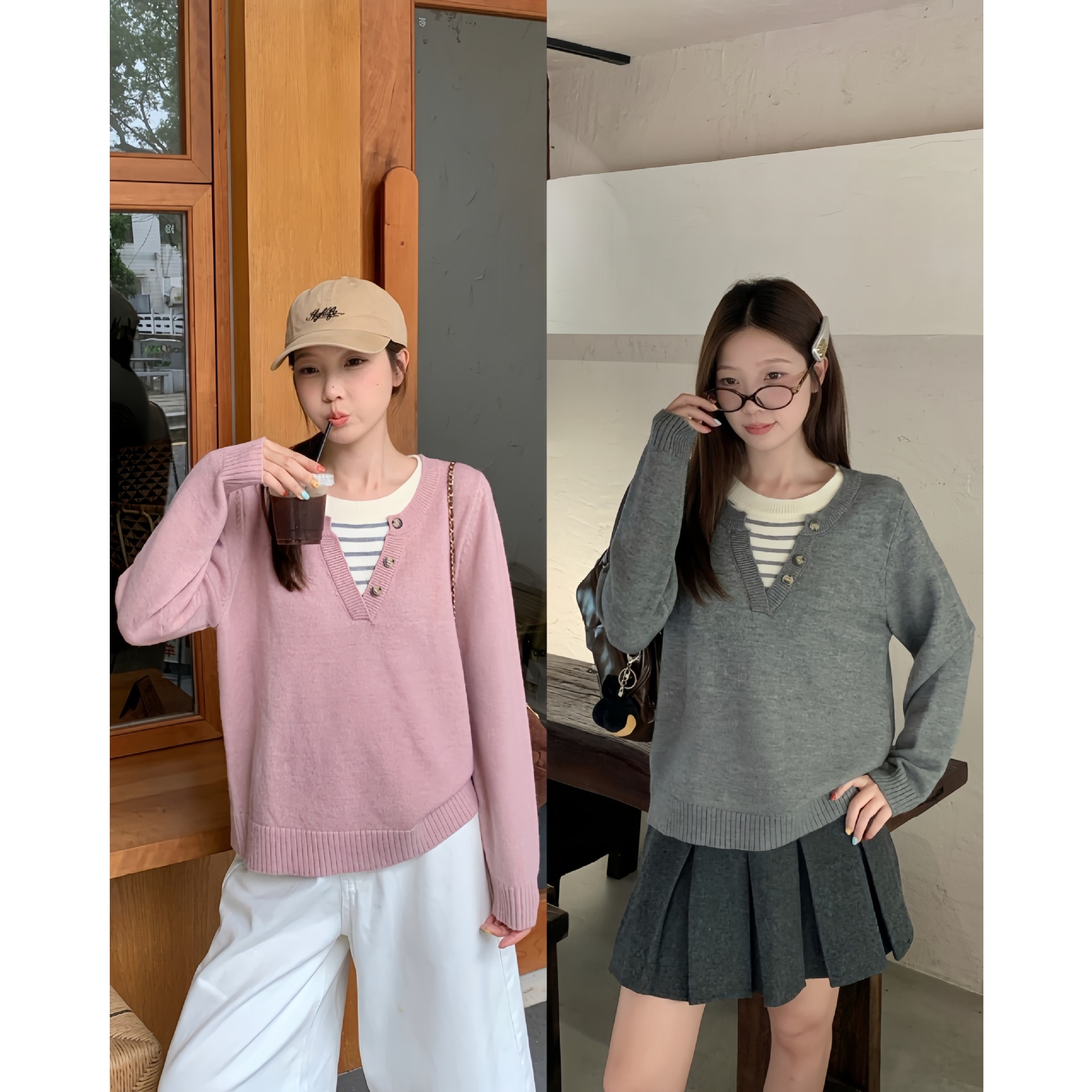 Real shot of 2026 Autumn Plus Size Patchwork Striped Long-Sleeved Knit Sweater for Curvy Women, Loose and Lazy Style, 69450
