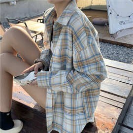 2026长袖格子衬衫美式复古宽松外套早春秋洋气小个子上衣女
