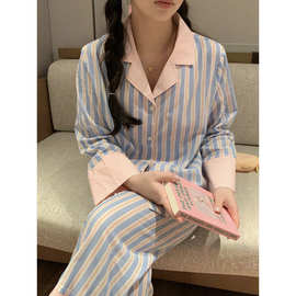 实拍2025春款睡衣韩系条纹撞色长袖长裤家居服套装女外贸批发
