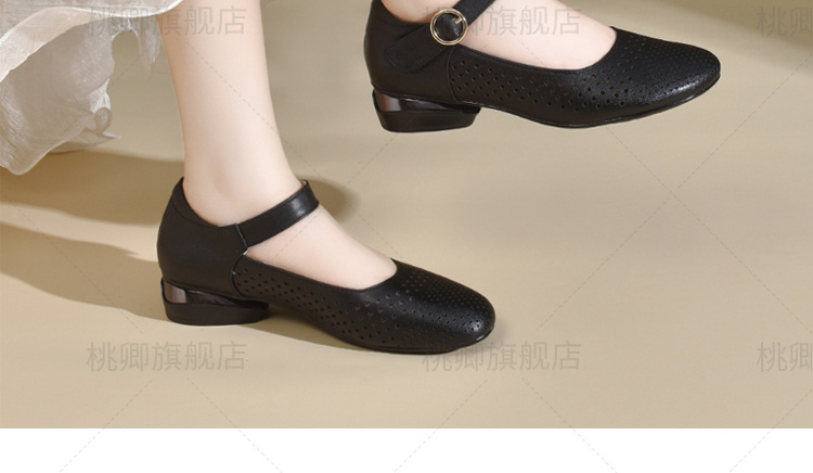 Giày sandal nữ đế xuồng mùa hè da thật thoáng khí mũi tròn bít mũi khoét lỗ — Màu đen chi tiết 22