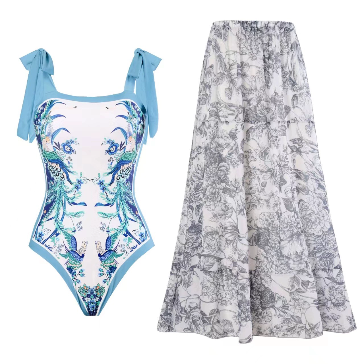 One-Piece Swimsuit (Qiao Jiayuan) 2025 Retro Style with Wrap Skirt, Crane Print, S–XL & One Size