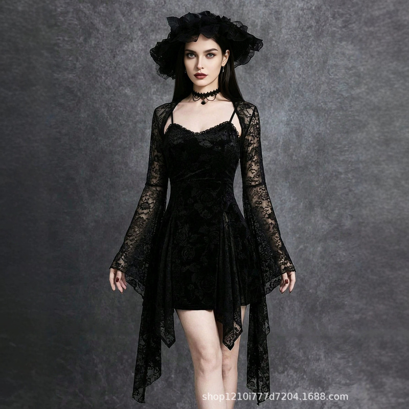 Cross-Border New Gothic Dark Style Long-Sleeved Short Top, Versatile and Sexy Lace Strap Bell-Sleeved Blouse for Women