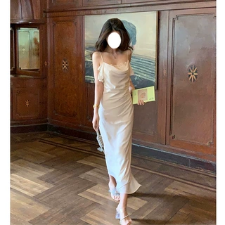 法式气质小众纯欲风荡领吊带连衣裙蕾丝收腰长裙白色开叉裙子礼服