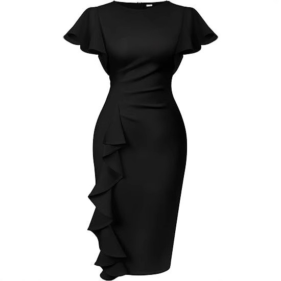 2025 Women's Vintage Church Fold Sleeve Pleated Tight Work Midi Pencil Skirt