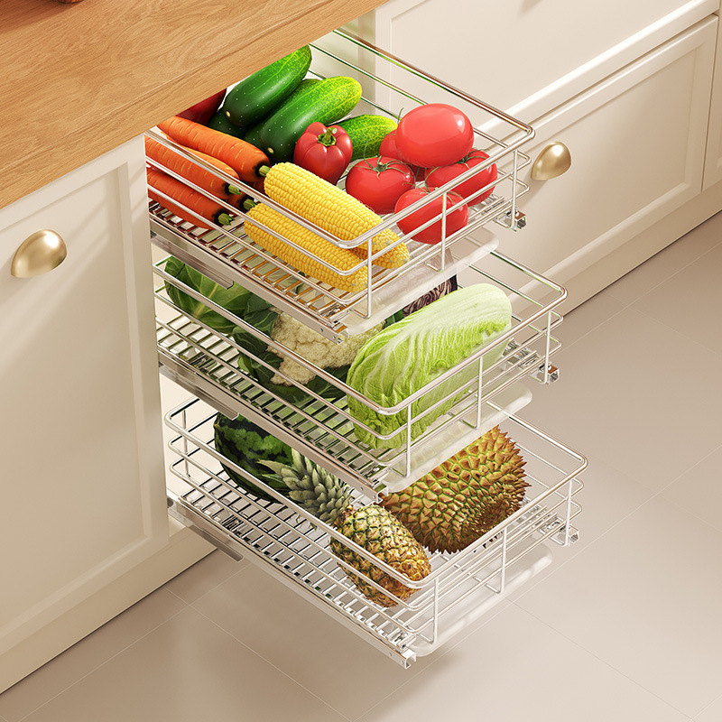 Cabinet Pull-Out Basket Drawer-Style Fruit and Vegetable Basket Stainless Steel Storage Snack Seasoning Storage Draining Tray Cabinet Pull-Out Basket Drawer-Style Fruit and Vegetable Basket Stainless Steel Storage Snack Seasoning Storage Draining Tray