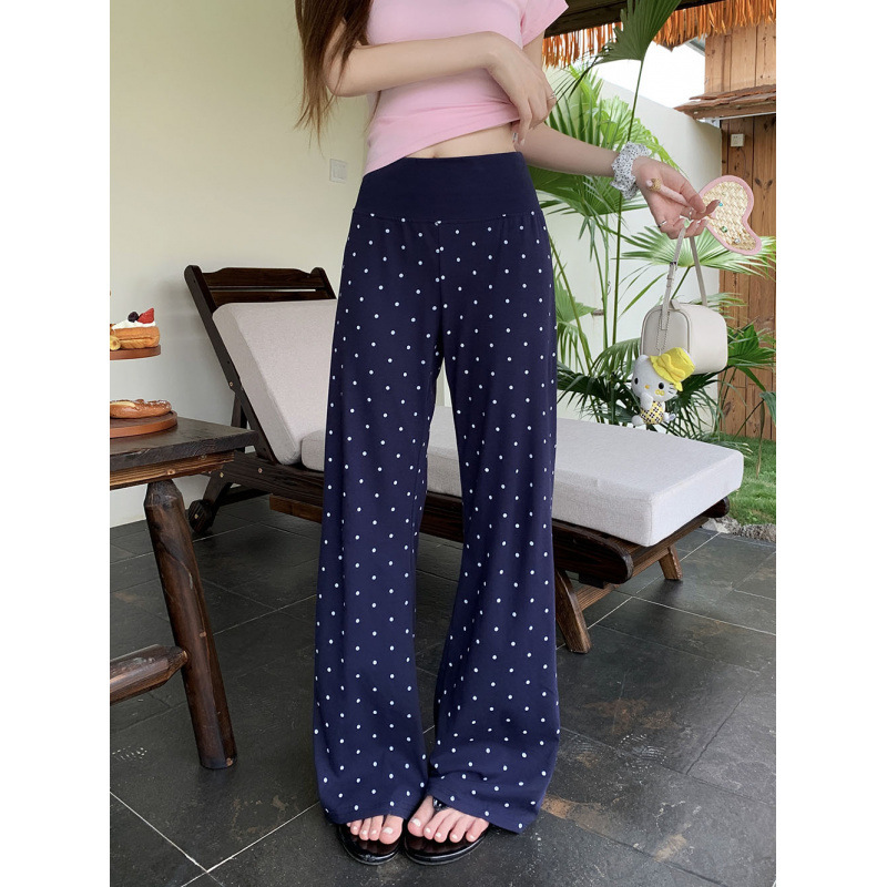 Polka Dot Casual Pants for Women, Retro Low-Waist Straight Pants, Versatile Floor-Length Pants, Layered with Solid Color Short-Sleeve T-Shirt