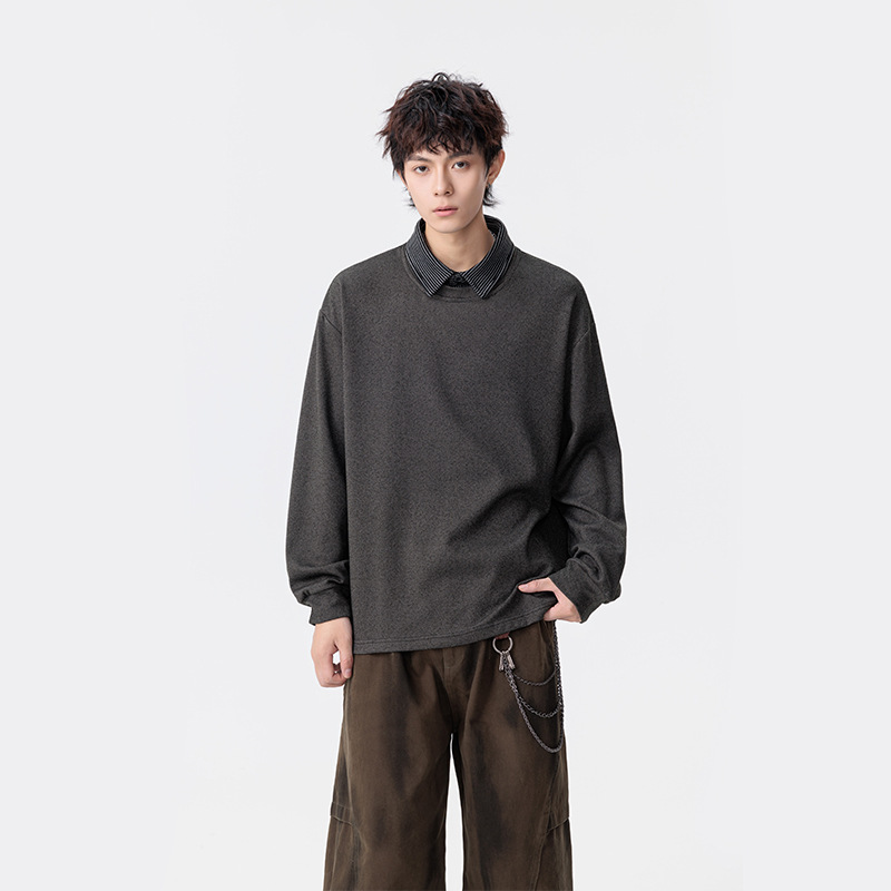 Men's faux two-piece turn-down collar loose sweatshirt, spring and autumn long-sleeve casual sports solid color jacket, trendy and stylish