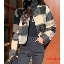 韩国chic 冬季法式v领一粒扣夹棉里格纹毛呢短款外套