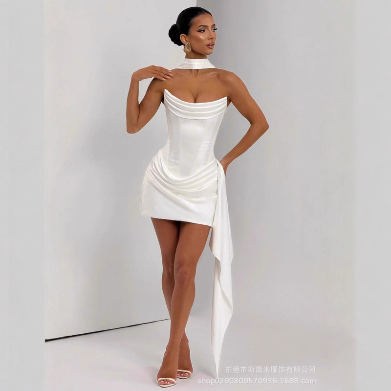 Sdm191 Elegant Tube Top White Short Satin Sleeveless Dress with Fishbone Cross-Border Supply Wholesale New Product
