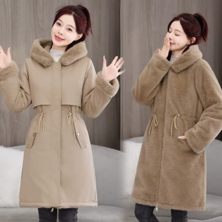 两面穿派克服女冬季新款韩版收腰显瘦连帽毛毛加厚棉服中长款棉衣