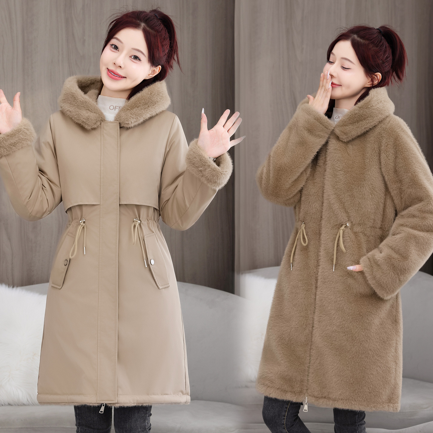 两面穿派克服女冬季新款韩版收腰显瘦连帽毛毛加厚棉服中长款棉衣